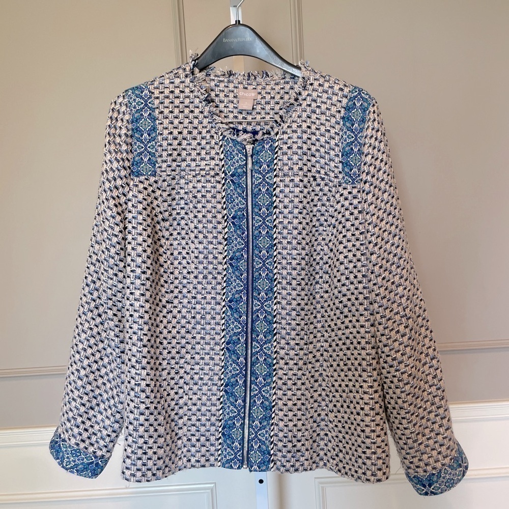 Chico's women woven classic tweed zippered blue gray jacket cardigan full zip 3